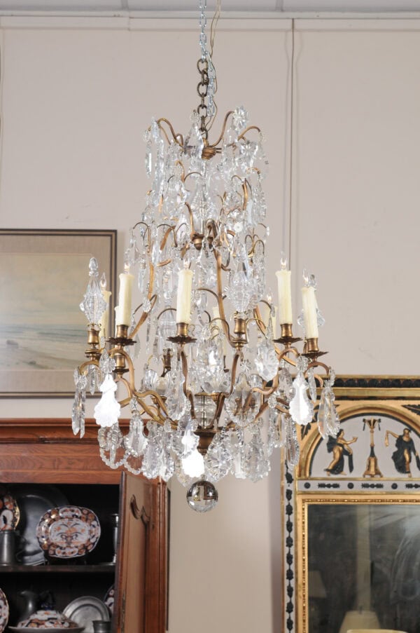 French XV Style Gilt Bronze 12 Light Chandelier with Crystal Prisms & Spires - Image 6