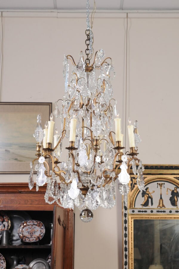 French XV Style Gilt Bronze 12 Light Chandelier with Crystal Prisms & Spires - Image 7
