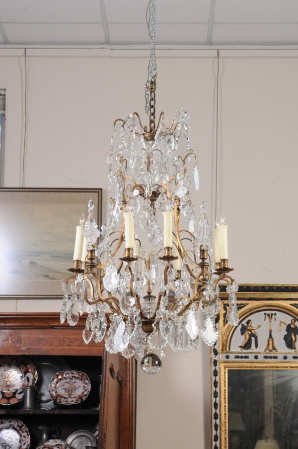 French XV Style Gilt Bronze 12 Light Chandelier with Crystal Prisms & Spires - Image 8