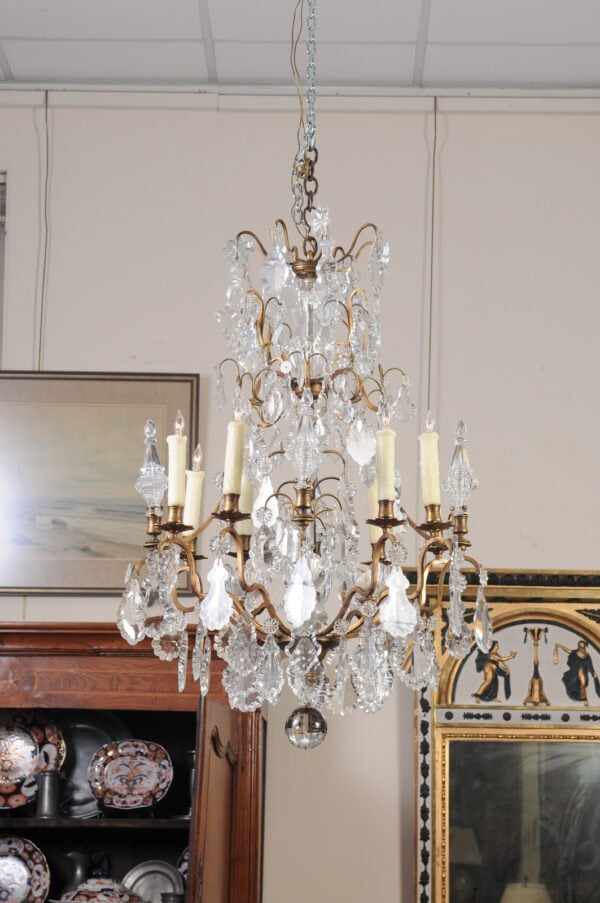French XV Style Gilt Bronze 12 Light Chandelier with Crystal Prisms & Spires - Image 9