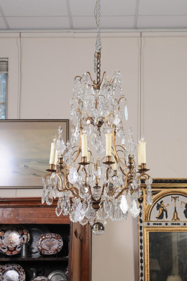 French XV Style Gilt Bronze 12 Light Chandelier with Crystal Prisms & Spires - Image 10