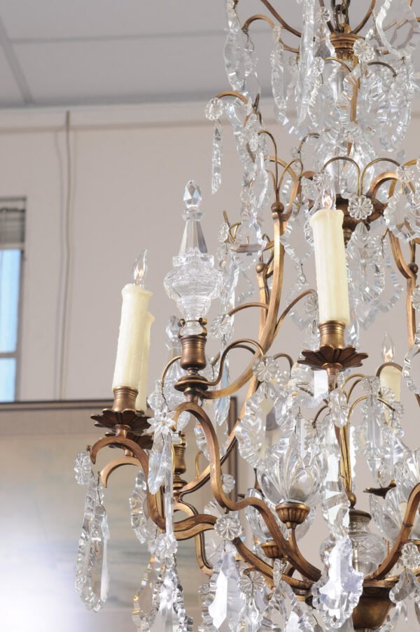 French XV Style Gilt Bronze 12 Light Chandelier with Crystal Prisms & Spires - Image 12