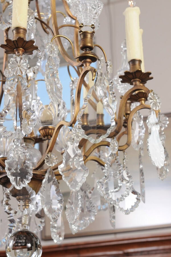 French XV Style Gilt Bronze 12 Light Chandelier with Crystal Prisms & Spires - Image 14