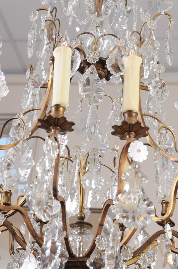 French XV Style Gilt Bronze 12 Light Chandelier with Crystal Prisms & Spires - Image 16