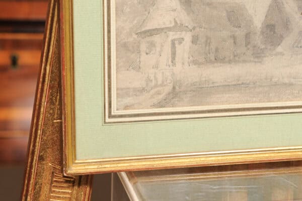 Framed 18th C French Drawing of House Watercolor Gouche with Ink, Green Mat - Image 6
