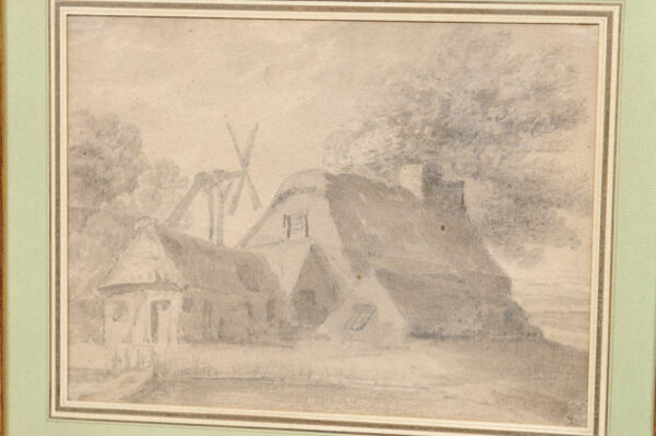 Framed 18th C French Drawing of House Watercolor Gouche with Ink, Green Mat - Image 10