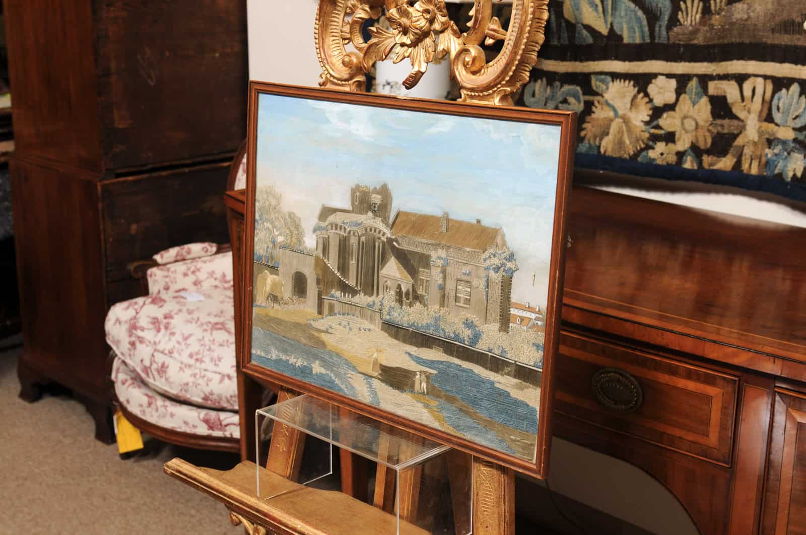 Giltwood Framed 19th Century French Silk Sampler / Textile of Landscape - Image 12