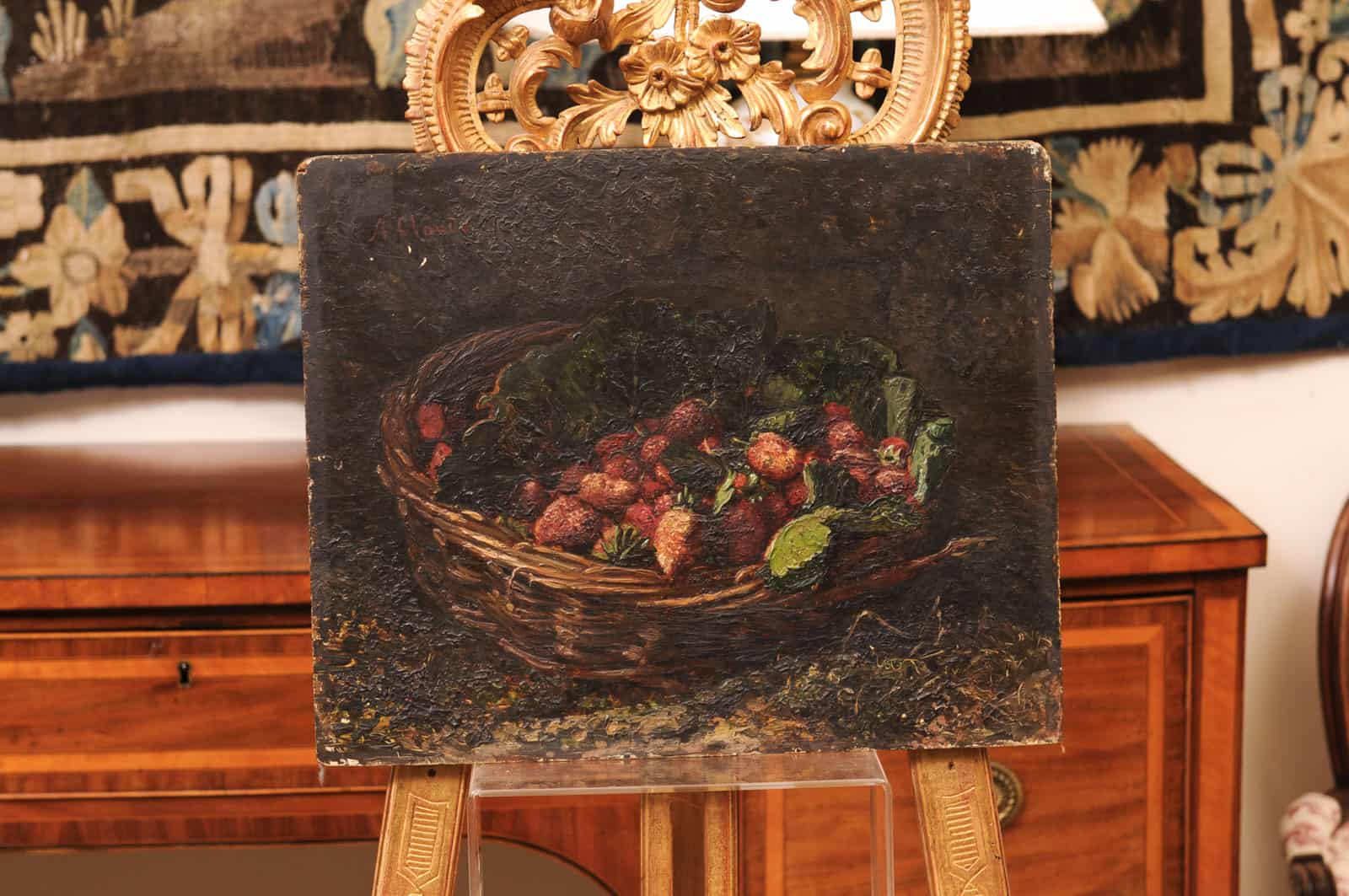 19th Century French Oil on Board Still Life Painting, Basket of Fruits, Signed "A. Claude" - Image 3