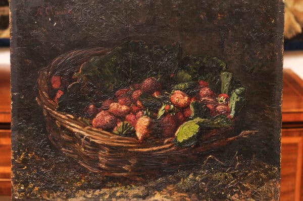 19th Century French Oil on Board Still Life Painting, Basket of Fruits, Signed "A. Claude" - Image 5