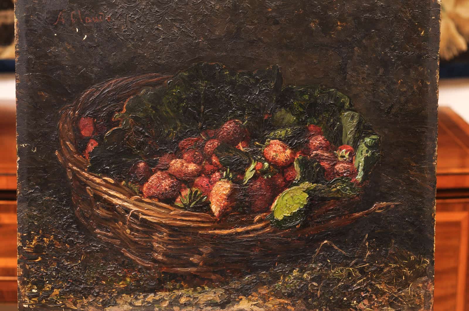 19th Century French Oil on Board Still Life Painting, Basket of Fruits, Signed "A. Claude" - Image 5