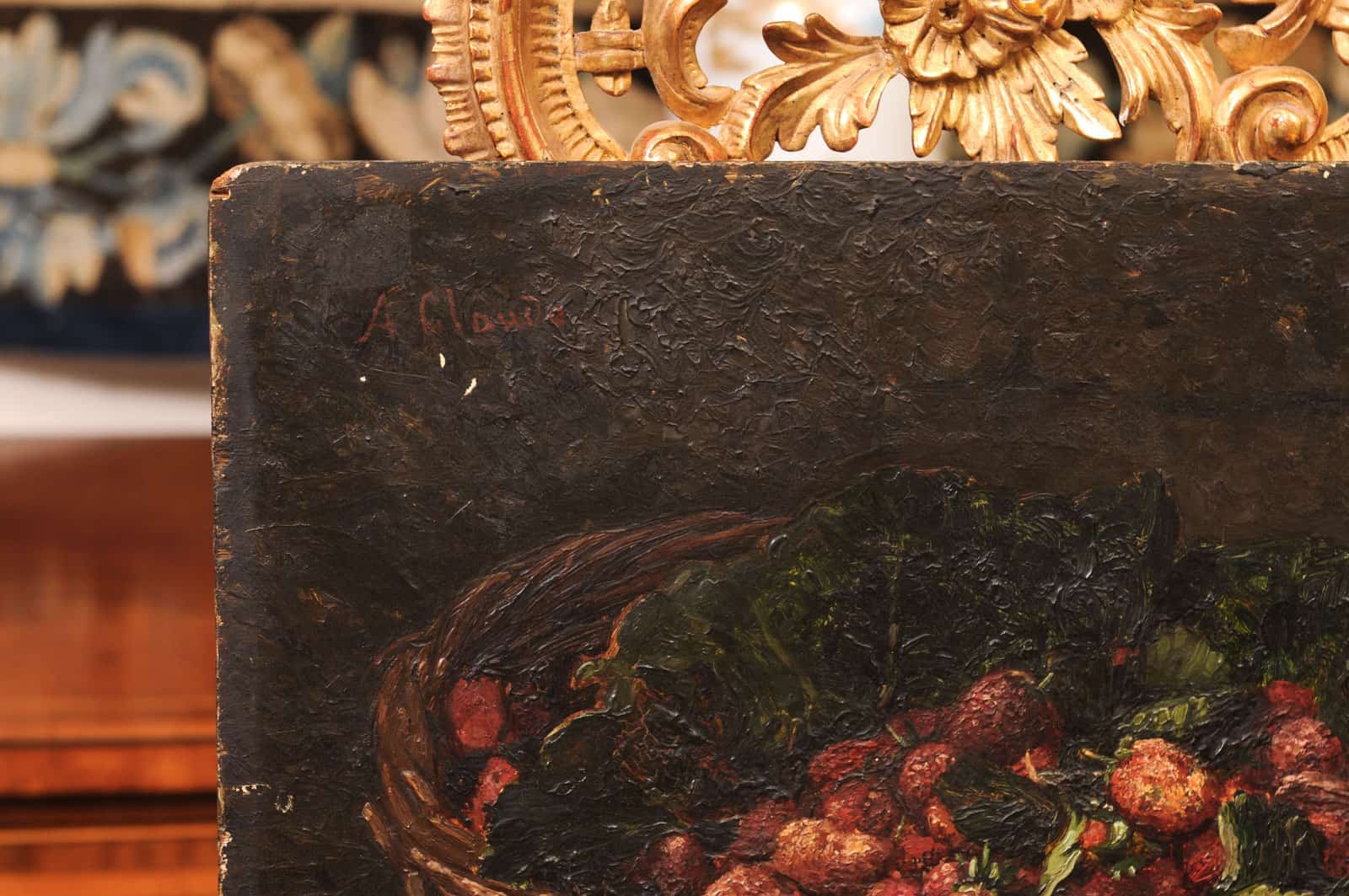 19th Century French Oil on Board Still Life Painting, Basket of Fruits, Signed "A. Claude" - Image 6