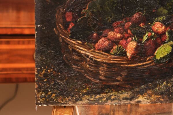 19th Century French Oil on Board Still Life Painting, Basket of Fruits, Signed "A. Claude" - Image 7