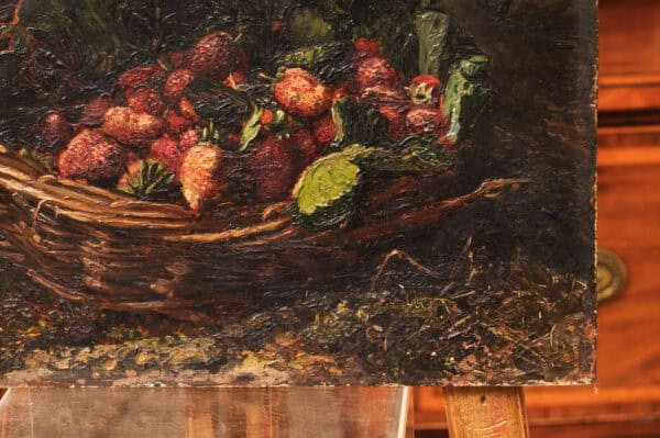19th Century French Oil on Board Still Life Painting, Basket of Fruits, Signed "A. Claude" - Image 8