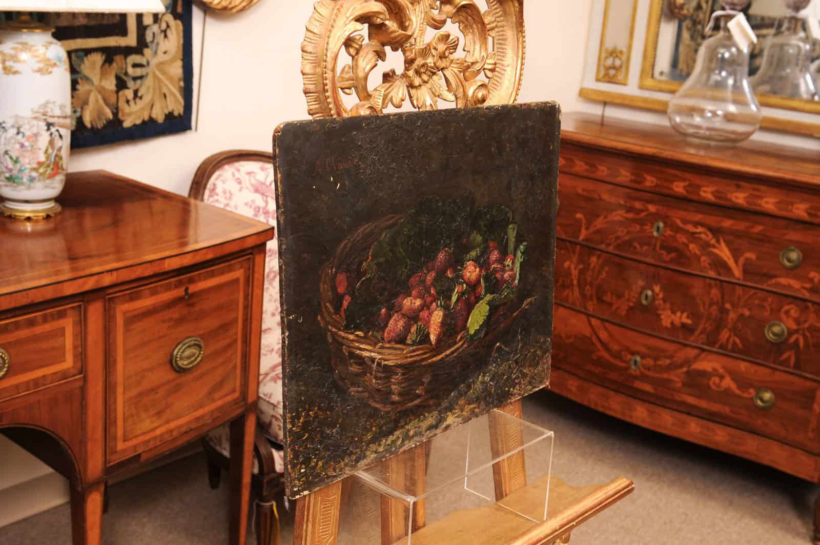 19th Century French Oil on Board Still Life Painting, Basket of Fruits, Signed "A. Claude" - Image 11