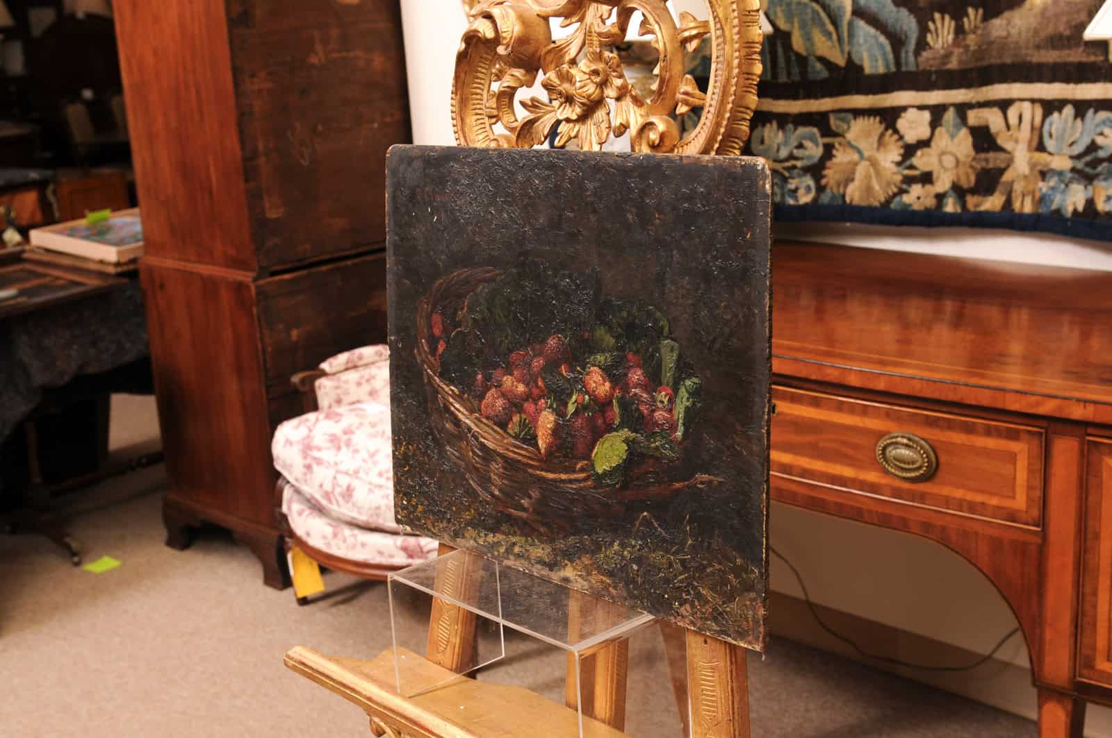 19th Century French Oil on Board Still Life Painting, Basket of Fruits, Signed "A. Claude" - Image 12