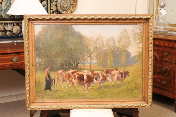Large Giltwood Framed Oil on Canvas Painting with Cows in Landscape, France ca. 1920 - Image 3