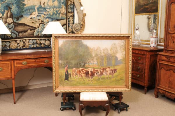 Large Giltwood Framed Oil on Canvas Painting with Cows in Landscape, France ca. 1920 - Image 4
