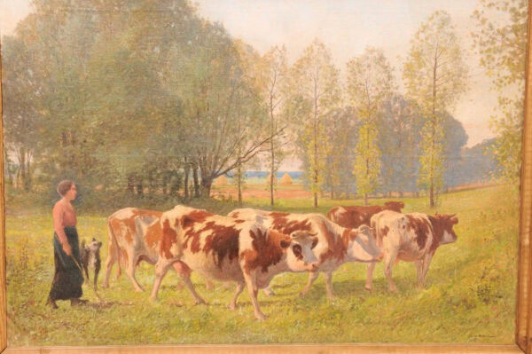 Large Giltwood Framed Oil on Canvas Painting with Cows in Landscape, France ca. 1920 - Image 5