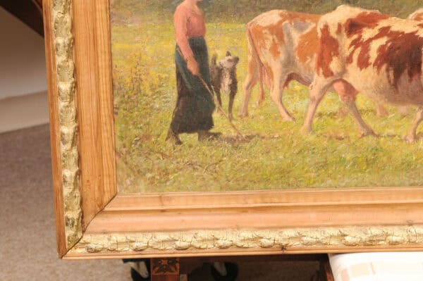 Large Giltwood Framed Oil on Canvas Painting with Cows in Landscape, France ca. 1920 - Image 6