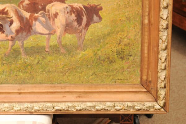 Large Giltwood Framed Oil on Canvas Painting with Cows in Landscape, France ca. 1920 - Image 9