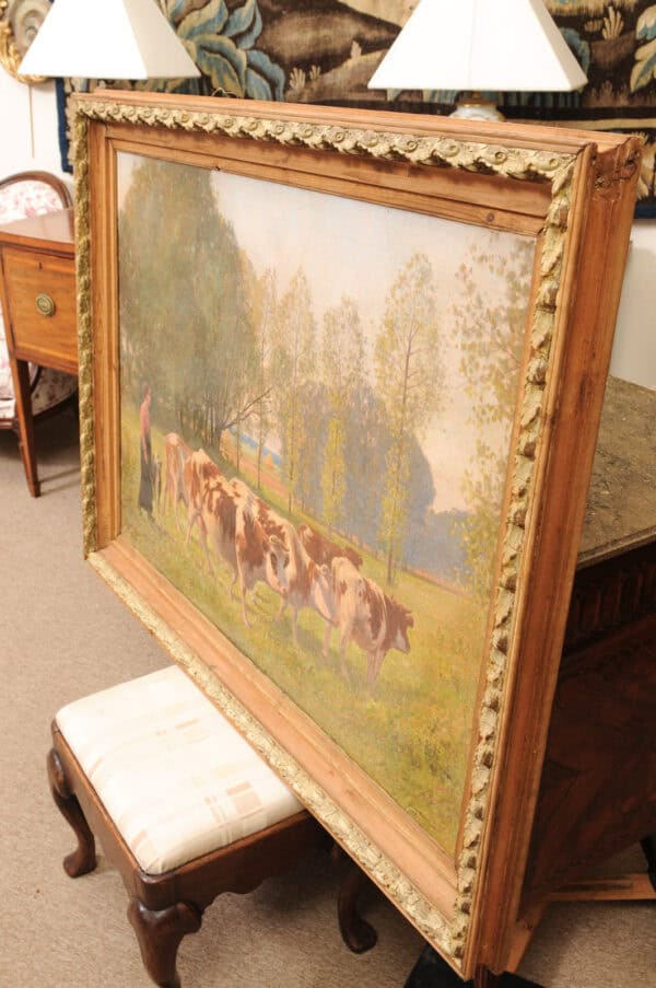 Large Giltwood Framed Oil on Canvas Painting with Cows in Landscape, France ca. 1920 - Image 11