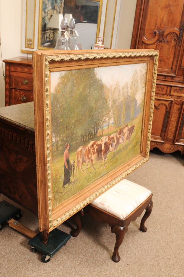 Large Giltwood Framed Oil on Canvas Painting with Cows in Landscape, France ca. 1920 - Image 12