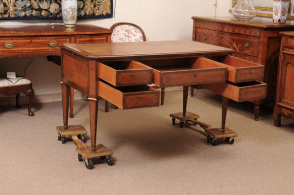 French Directoire Style Writing Table in Walnut and Kingswood with Brown Leather Top,  5 Drawers and Slides, 20th Century - Image 4