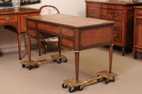 French Directoire Style Writing Table in Walnut and Kingswood with Brown Leather Top,  5 Drawers and Slides, 20th Century - Image 8