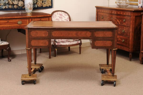 French Directoire Style Writing Table in Walnut and Kingswood with Brown Leather Top,  5 Drawers and Slides, 20th Century - Image 9