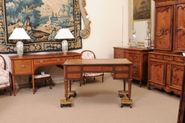 French Directoire Style Writing Table in Walnut and Kingswood with Brown Leather Top,  5 Drawers and Slides, 20th Century - Image 10
