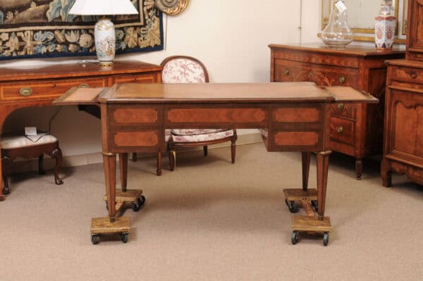 French Directoire Style Writing Table in Walnut and Kingswood with Brown Leather Top,  5 Drawers and Slides, 20th Century - Image 11