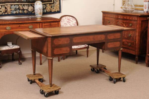 French Directoire Style Writing Table in Walnut and Kingswood with Brown Leather Top,  5 Drawers and Slides, 20th Century - Image 13
