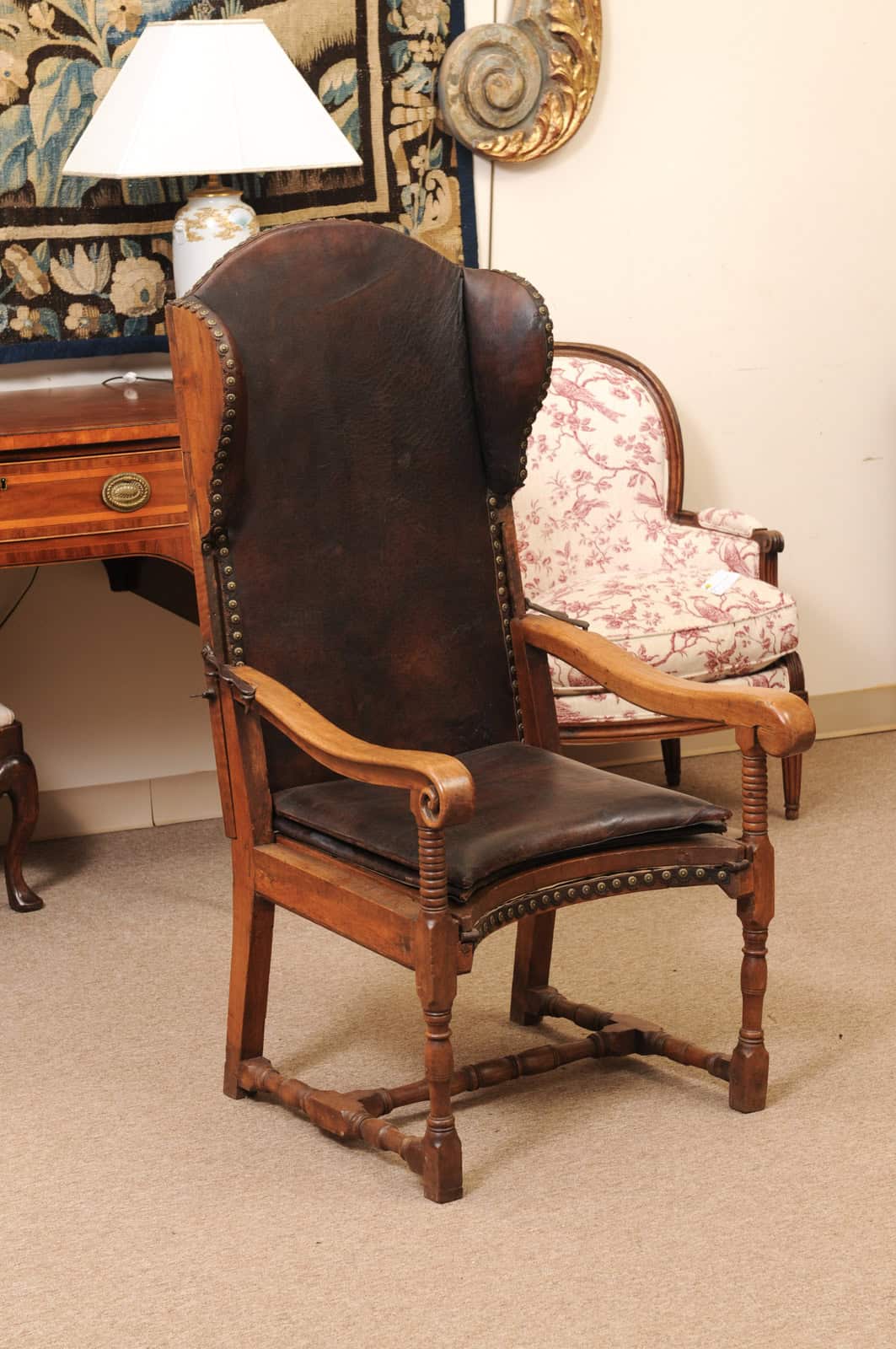 17th Century French Walnut Reclining Fauteuil in Leather with Fold Out Ottoman Option - Image 3
