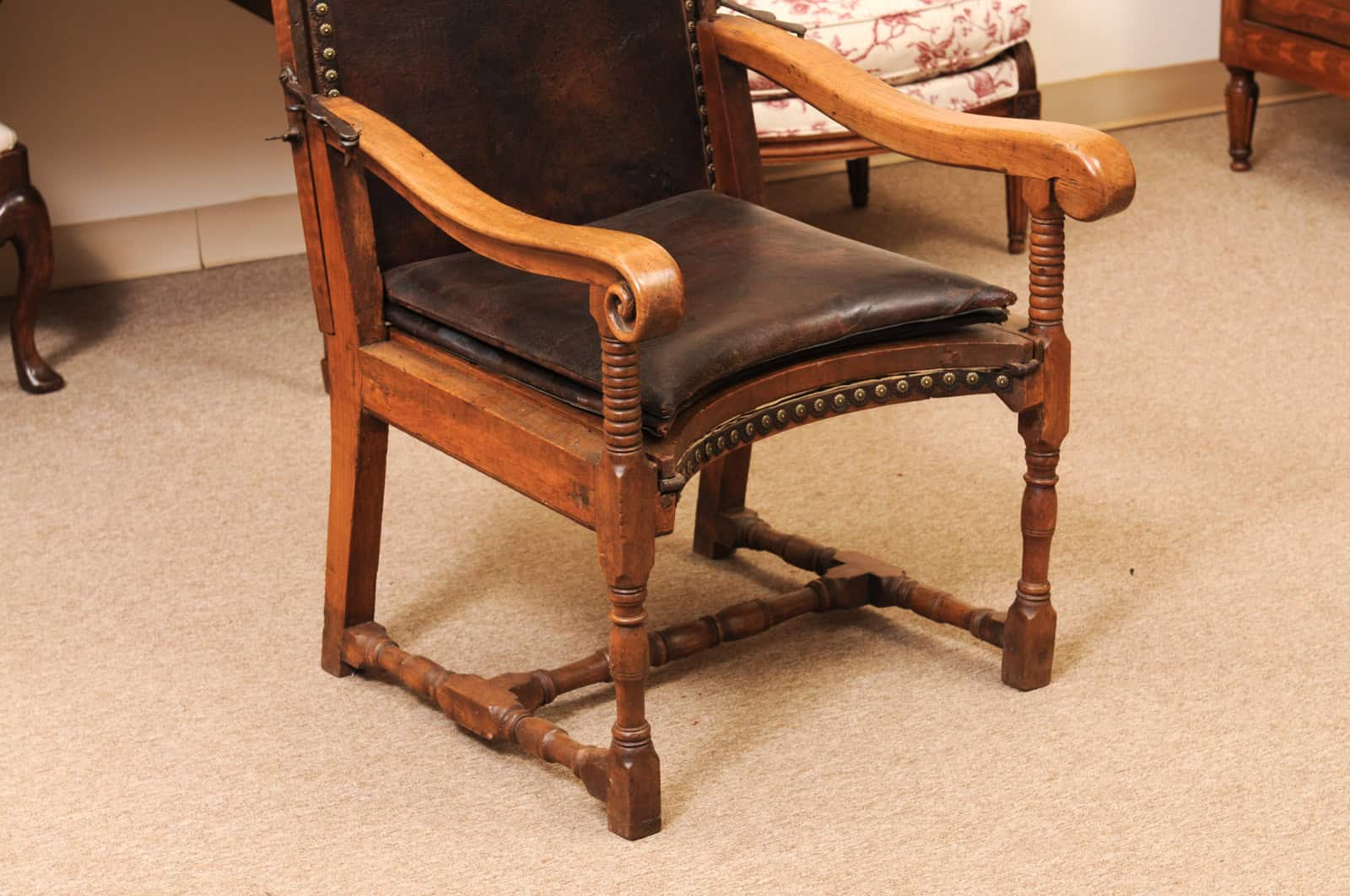 17th Century French Walnut Reclining Fauteuil in Leather with Fold Out Ottoman Option - Image 4