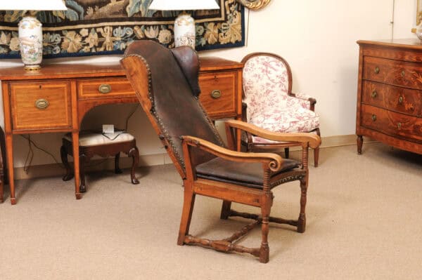 17th Century French Walnut Reclining Fauteuil in Leather with Fold Out Ottoman Option - Image 6