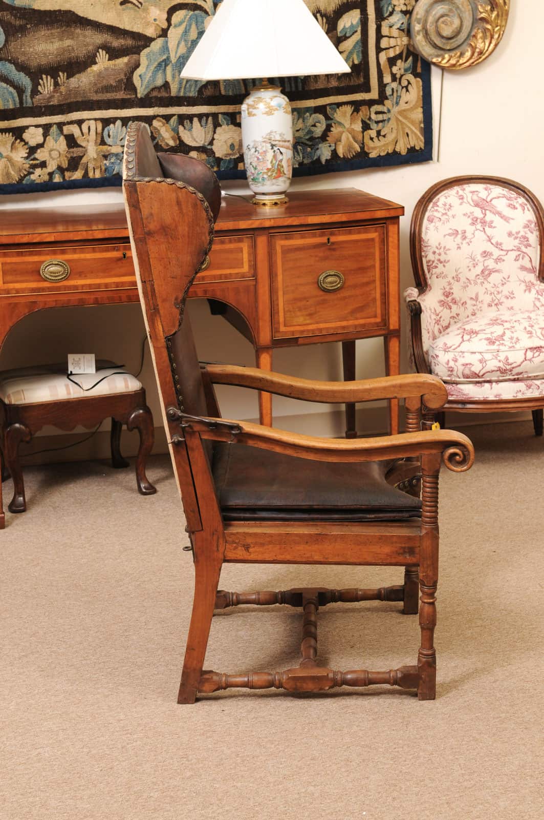 17th Century French Walnut Reclining Fauteuil in Leather with Fold Out Ottoman Option - Image 7