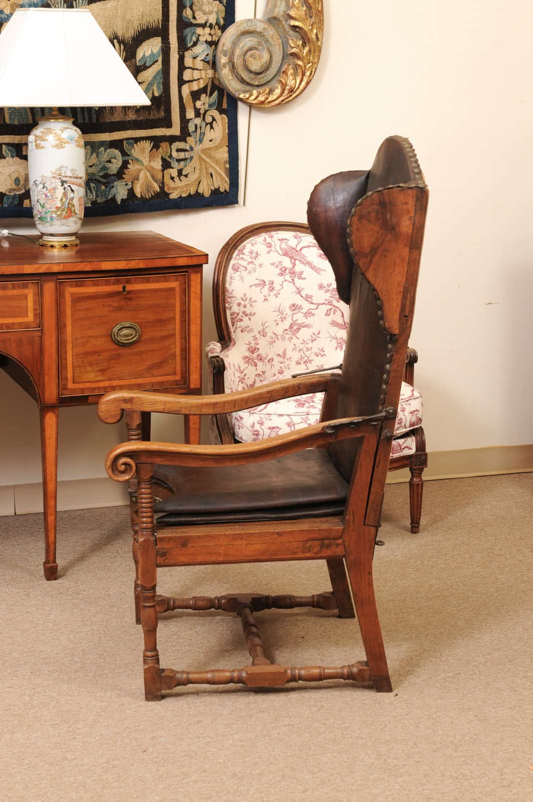 17th Century French Walnut Reclining Fauteuil in Leather with Fold Out Ottoman Option - Image 11