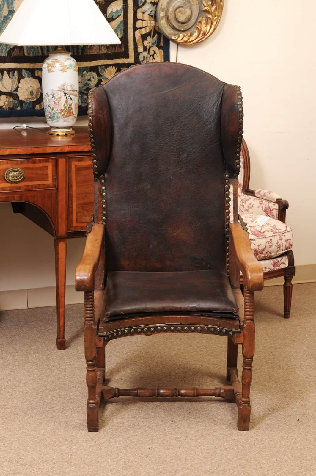 17th Century French Walnut Reclining Fauteuil in Leather with Fold Out Ottoman Option - Image 13