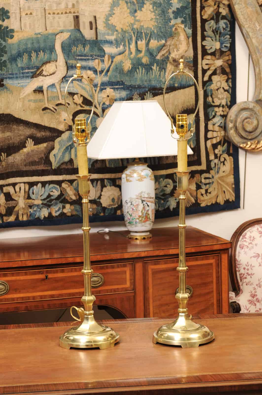 Pair of Tall Solid Brass Faux Bamboo Candlesticks, Wired as Lamps, Early 20th Century - Image 3