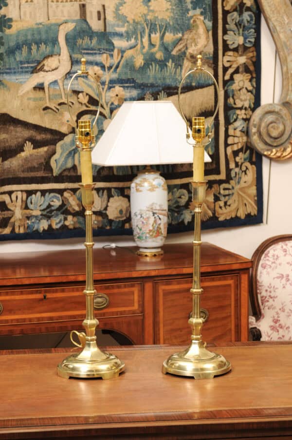 Pair of Tall Solid Brass Faux Bamboo Candlesticks, Wired as Lamps, Early 20th Century - Image 4