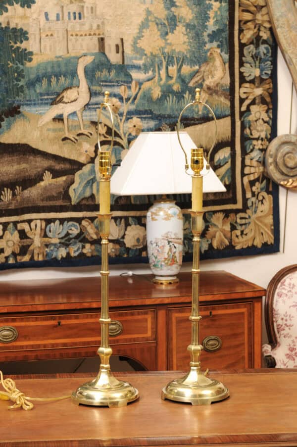 Pair of Tall Solid Brass Faux Bamboo Candlesticks, Wired as Lamps, Early 20th Century - Image 7