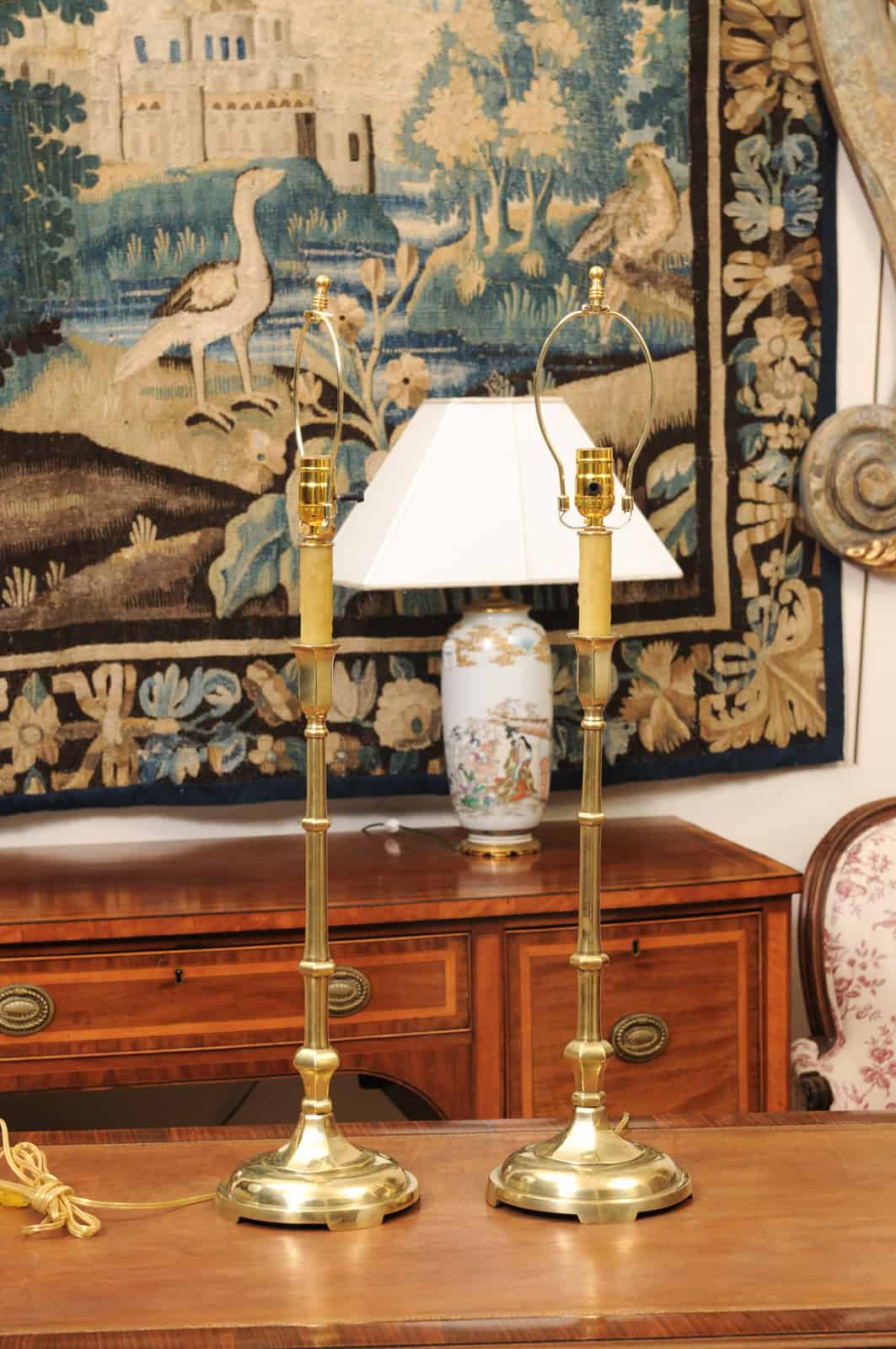 Pair of Tall Solid Brass Faux Bamboo Candlesticks, Wired as Lamps, Early 20th Century - Image 7