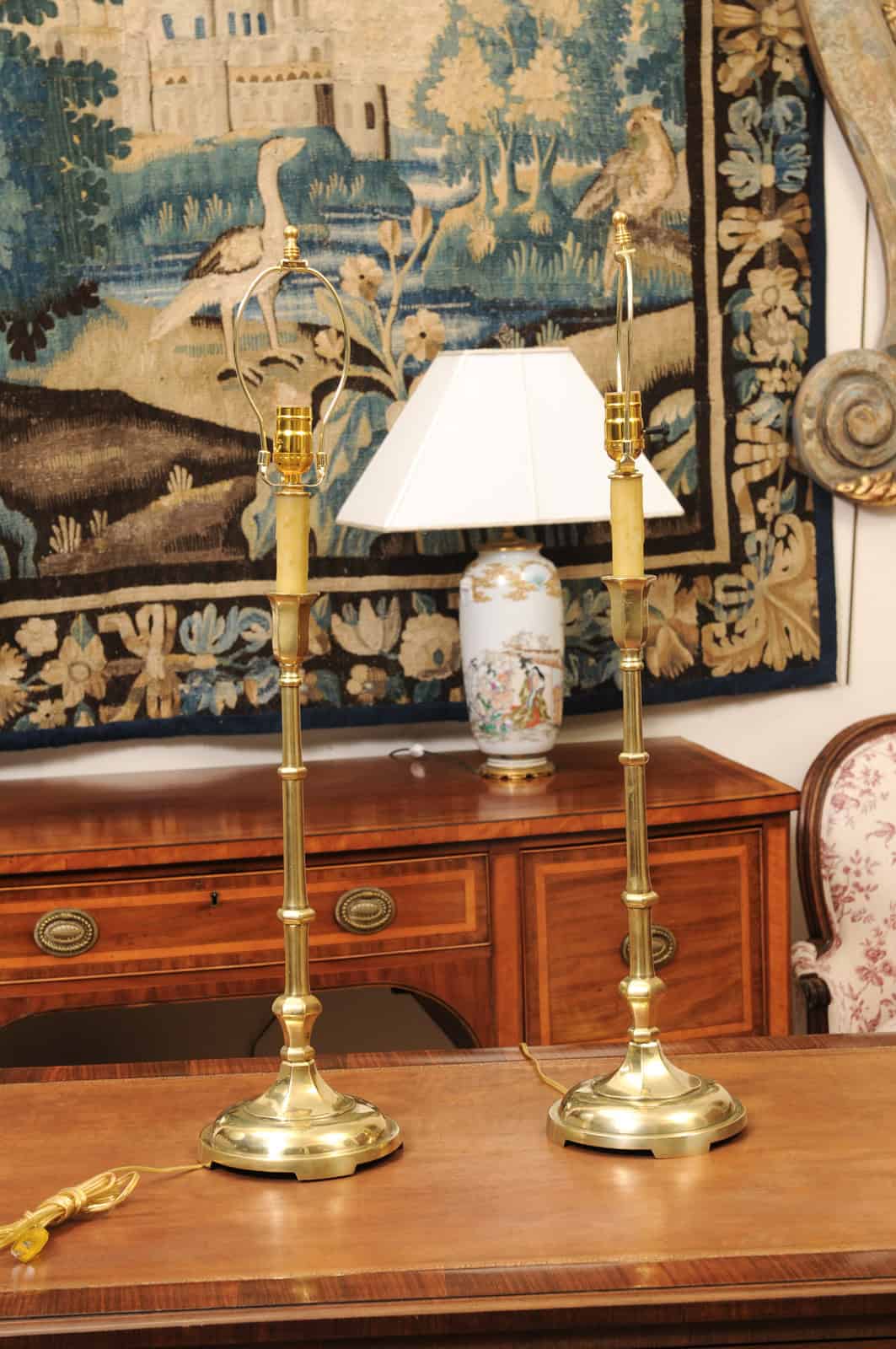 Pair of Tall Solid Brass Faux Bamboo Candlesticks, Wired as Lamps, Early 20th Century - Image 9