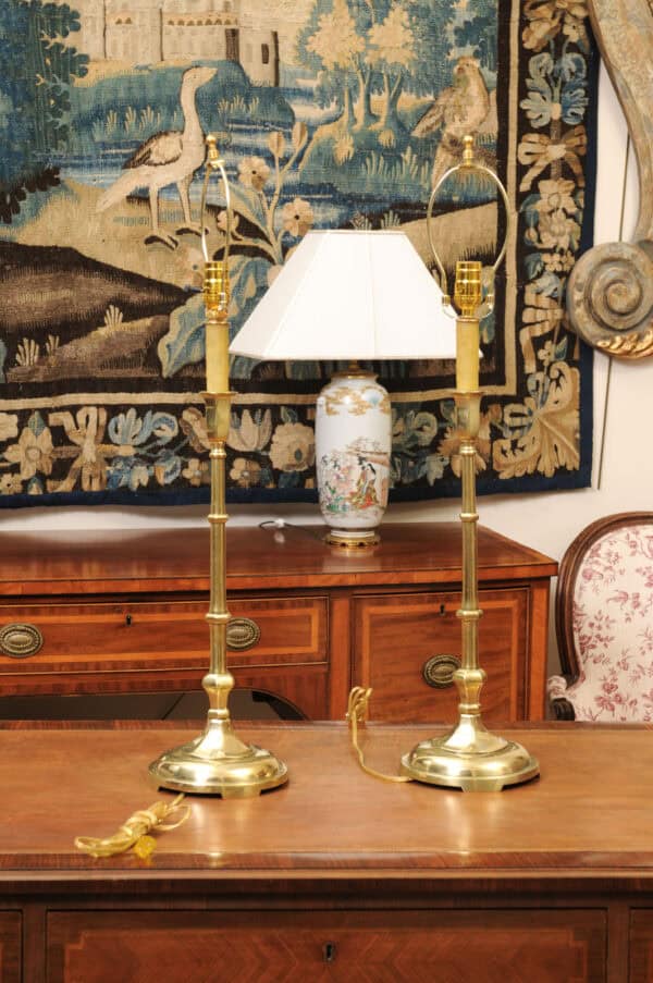 Pair of Tall Solid Brass Faux Bamboo Candlesticks, Wired as Lamps, Early 20th Century - Image 10