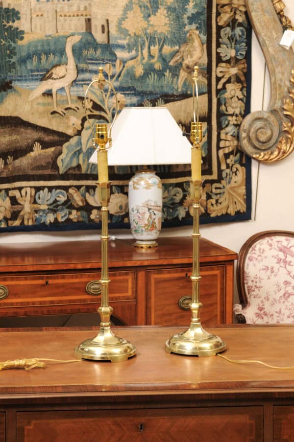 Pair of Tall Solid Brass Faux Bamboo Candlesticks, Wired as Lamps, Early 20th Century - Image 11