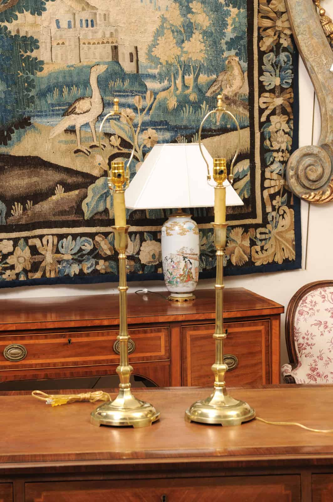 Pair of Tall Solid Brass Faux Bamboo Candlesticks, Wired as Lamps, Early 20th Century - Image 12