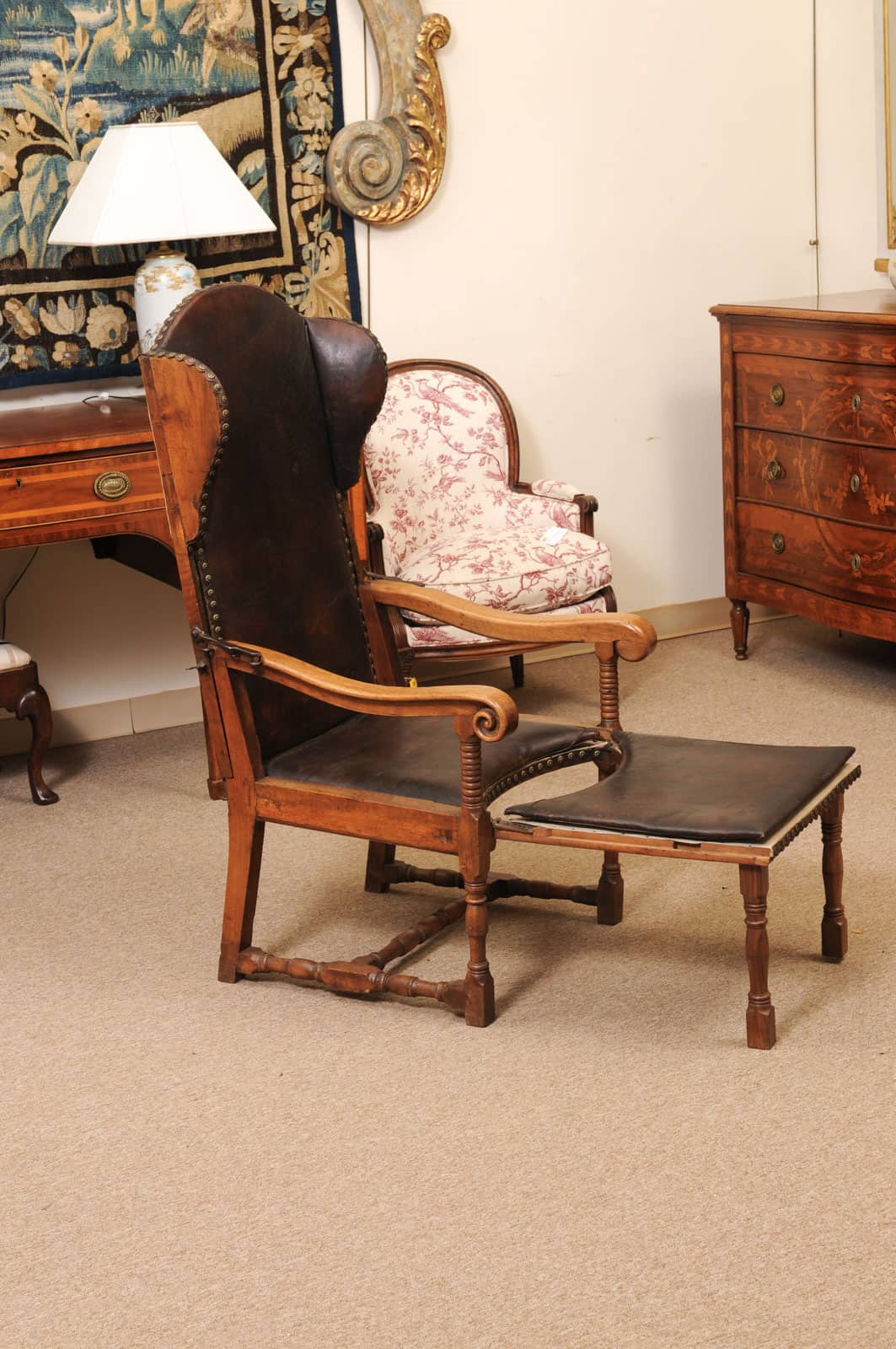 17th Century French Walnut Reclining Fauteuil in Leather with Fold Out Ottoman Option - Image 14