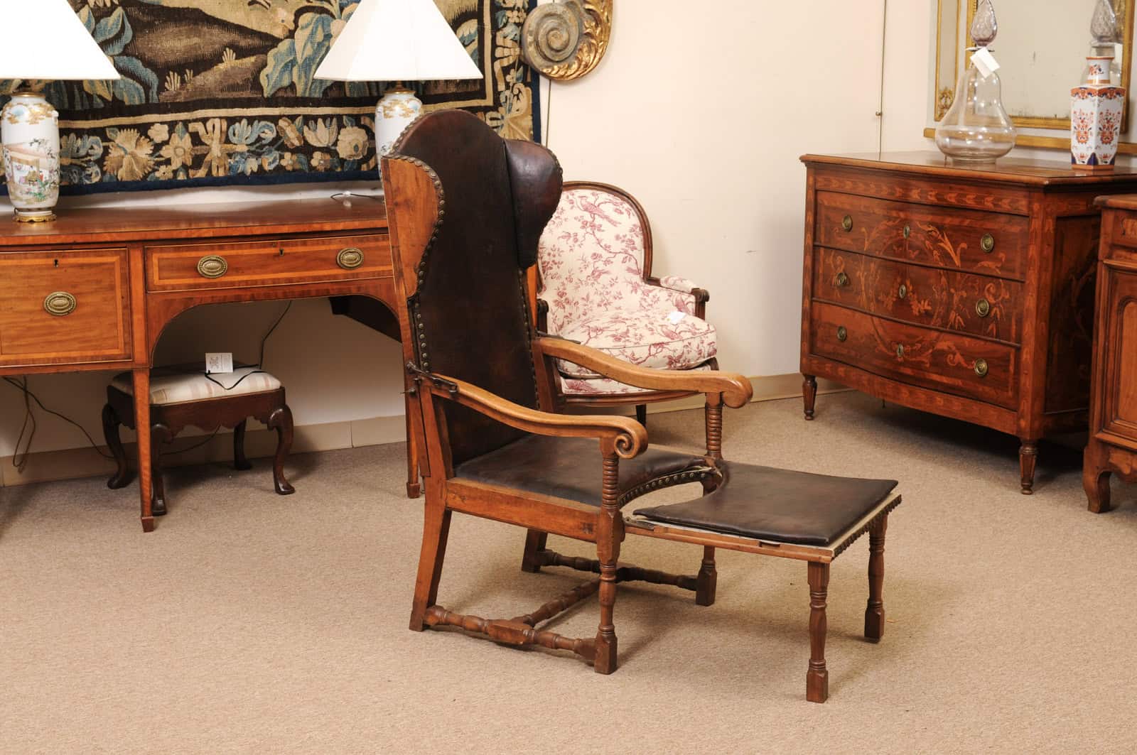 17th Century French Walnut Reclining Fauteuil in Leather with Fold Out Ottoman Option - Image 15