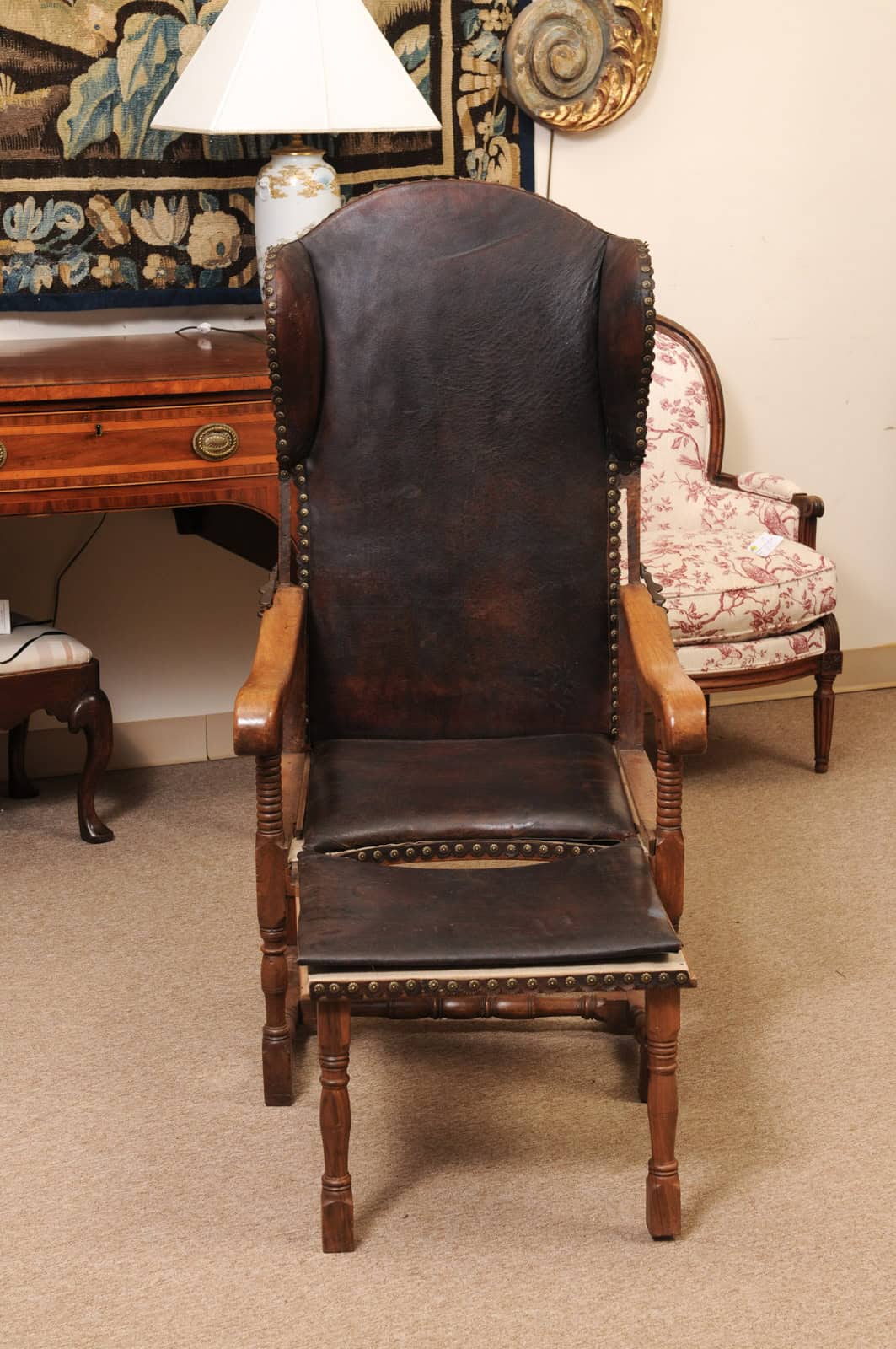 17th Century French Walnut Reclining Fauteuil in Leather with Fold Out Ottoman Option - Image 16