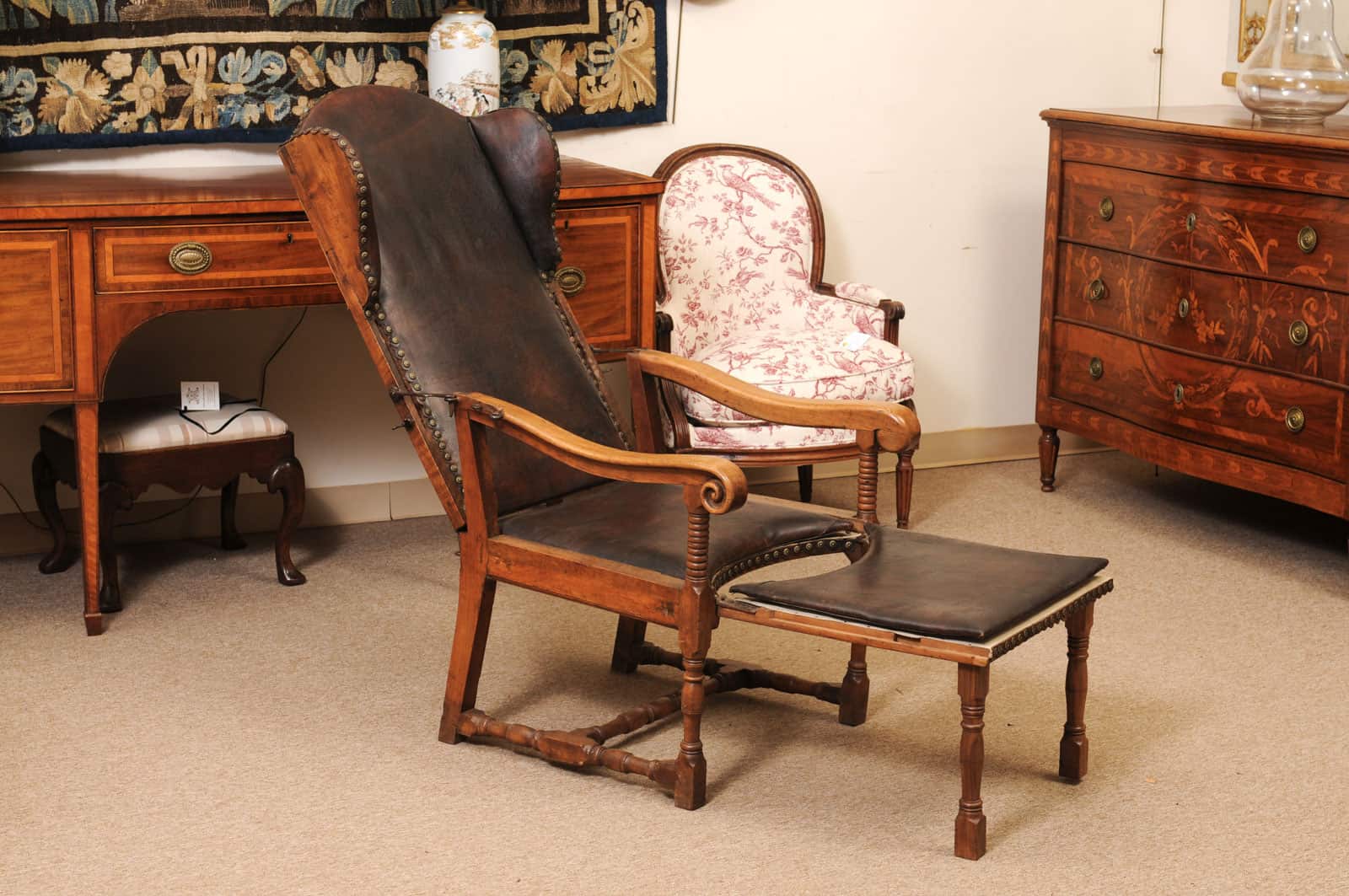17th Century French Walnut Reclining Fauteuil in Leather with Fold Out Ottoman Option - Image 17